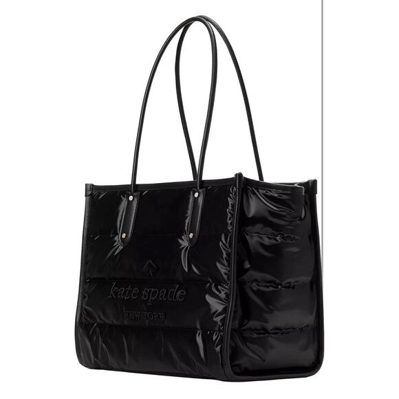NEW Kate Spade Ella Puffy Black XL Tote Bag Nylon Leather Trim Travel Work Zip - Picture 3 of 9